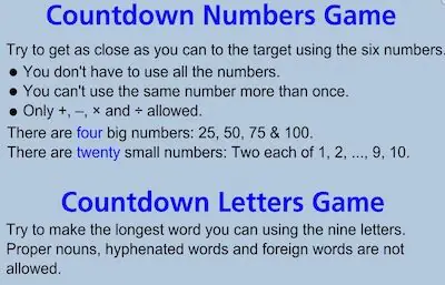 Countdown Numbers and Letters Game